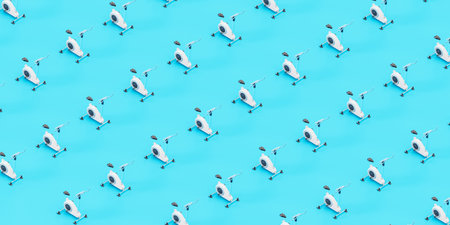 Group of stationary bikes organised in geometric lines 3d render