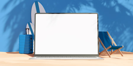 Netbook mockup placed near beach chair and suitcase. 3d renderの写真素材