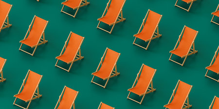 Background of similar deckchairs placed in row in studio. 3d render