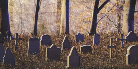 Various gravestones and crosses in cemetery on autumn day. 3d renderの写真素材