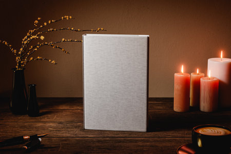 Hard cover book mock up on wooden table. Night interior with candles, plant and coffee. 3D renderingの写真素材