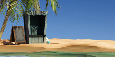 Beach hut with a board in the sand 3d renderの写真素材