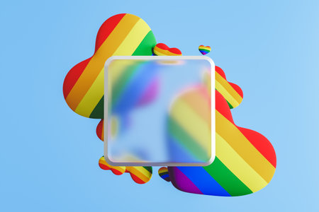 3D rendering of rainbow hearts behind matte squareの写真素材