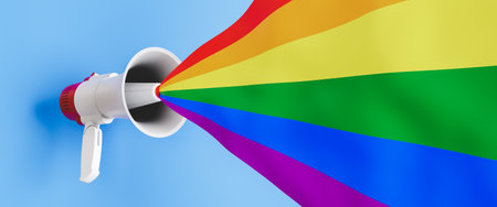 3D rendering of megaphone with rainbow stripesの写真素材
