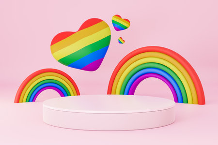 3D rendering of podium against rainbows and multicolored heartsの写真素材