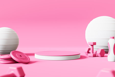 Elements of gymnasium and pilates on a pink background 3d renderの写真素材