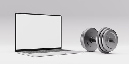 3D illustration. Dumbbell and a laptop on an isolated background.の写真素材