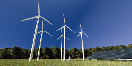 Wind turbines and solar panels clean energy. 3D render.の写真素材