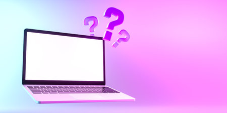 Laptop with bunch of question mark symbols . 3d renderの写真素材