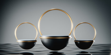 Three lack product stand above dark liquid. 3d renderの写真素材