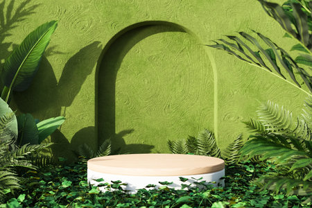 Round product stand near green leaves. 3d renderの写真素材