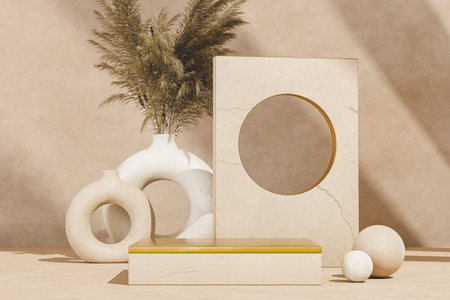 Product stand and vases with plants. 3d renderの写真素材