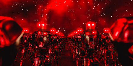 Spooky robots with glowing red neon eyes. Robots have turned against humans 3d renderの写真素材