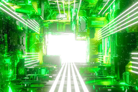 Glowing corridor of futuristic spaceship. 3d renderの写真素材
