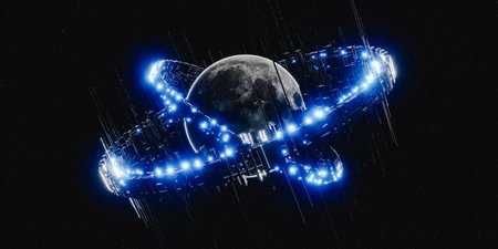Glowing futuristic ring around moon. 3d renderの写真素材