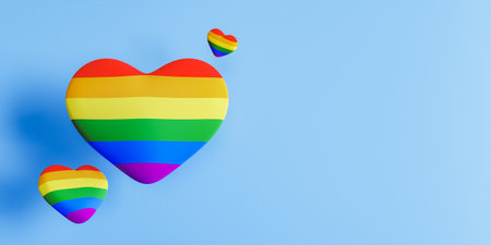 3D rendering of rainbow hearts levitating on blue backgroundの写真素材