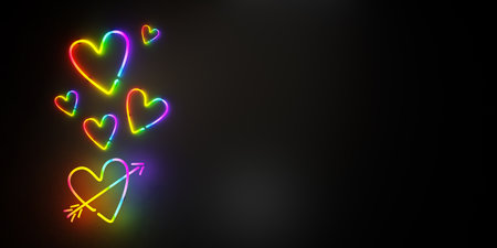 3D rendering of neon colorful glowing heartsの写真素材