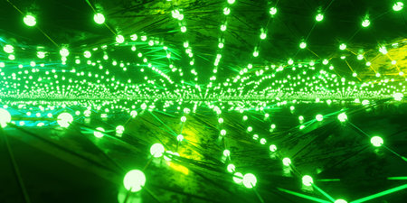 3D render of tunnel with green geometric neon illuminationの写真素材