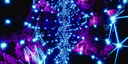 3D render of tunnel with blue geometric neon illuminationの写真素材