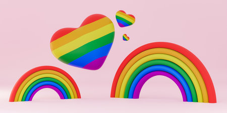 3D rendering of podium against rainbows and multicolored heartsの写真素材