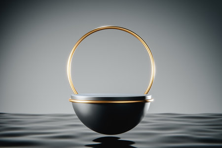 Black product stand above dark liquid. 3d renderの写真素材