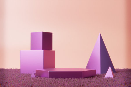Stand with several metallic pink geometrical figuresの写真素材