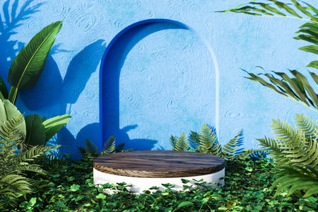 Round product stand near green leaves. 3d renderの写真素材