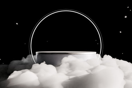 White pedestal for cosmetics in clouds. 3d renderの写真素材