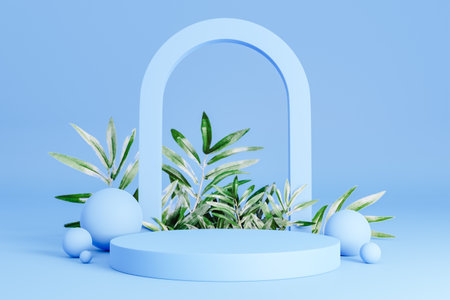 Geometric podium near green leaves. 3d renderの写真素材