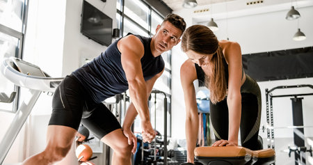Fit trainer explaining exercise to woman in gymの写真素材