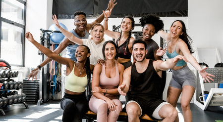 Happy diverse sportspeople having fun in fitness club togetherの写真素材