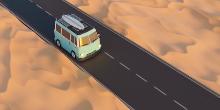 3d render retro camper driving on road in desert areaの写真素材