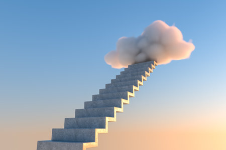 3D render illustration of staircase leading to white cloudの写真素材