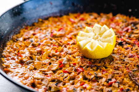 Frying pan with delicious paellaの写真素材