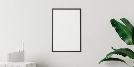 3D rendering of empty photo frame placed hung on a wallの写真素材