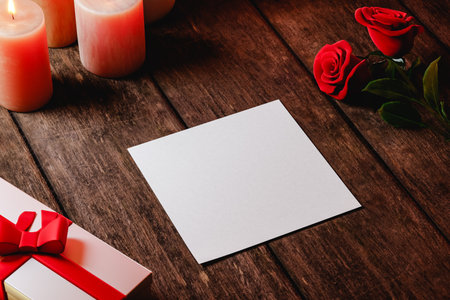 Romantic scene of a blank postcard with rouses and giftsの写真素材