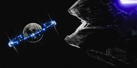 3D render of large spacecraft flying to futuristic satellite ring around gray moon in space