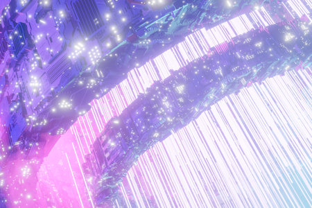 Futuristic rings around neon light at outer space. 3d render