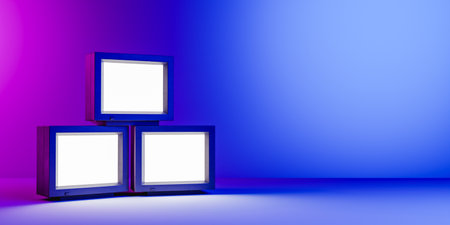 Three Retro television against neon background. 3d renderの写真素材