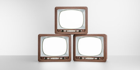 Three Old fashioned vintage brown televisionの写真素材