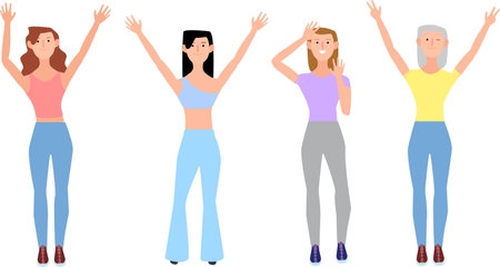 2D vector illustration of cartoon women raising handsのイラスト素材