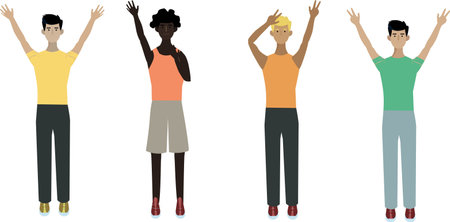 2D vector illustration of diverse men celebrating successのイラスト素材