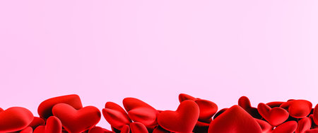 3D render with red velvet hearts on pink background.の写真素材