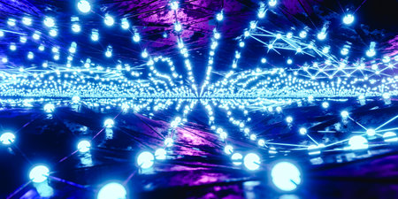 3D render of tunnel with blue geometric neon illuminationの写真素材