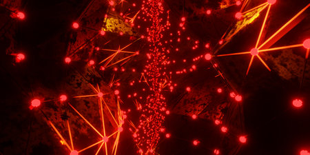 3D render of tunnel with red geometric neon illuminationの写真素材