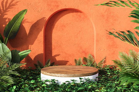 Round product stand near green leaves. 3d renderの写真素材
