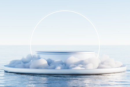Blank podium for product on seafront. 3d renderの写真素材