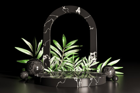 Geometric podium near black leaves. 3d renderの写真素材