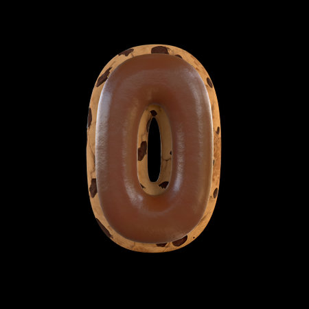 3d rendering of the 0 or zero number recreating a cookie with chocolate on topの写真素材