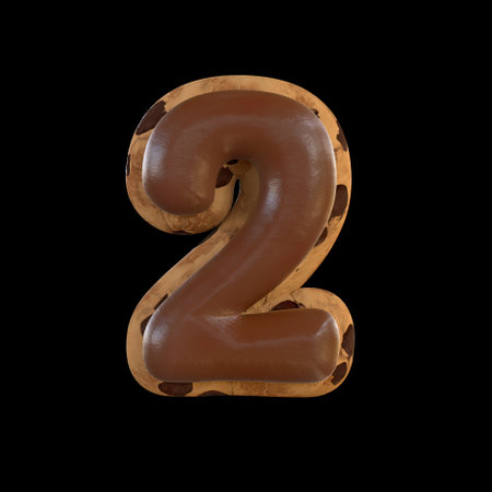 3d rendering of the 2 or two number recreating a cookie with chocolate on topの写真素材